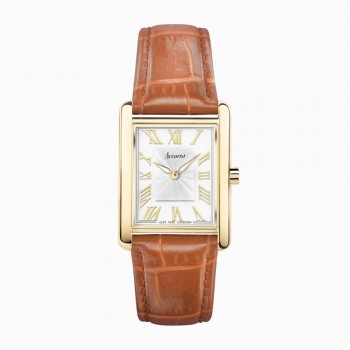 Accurist Gold Rectangular Ladies Brown Strap Watch