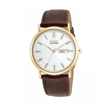 Citizen Eco-Drive Gold Tone Gents Brown Strap Watch