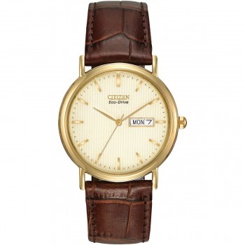 Citizen Eco-Drive Champagne Gold Tone Gents Brown strap watch