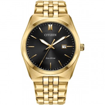 Citizen Eco-Drive Gold Tone Gents Black Bracelet Watch